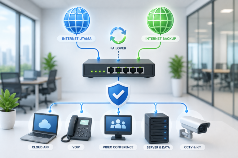 Ilustrasi sistem backup internet kantor menggunakan Backup Dual WAN