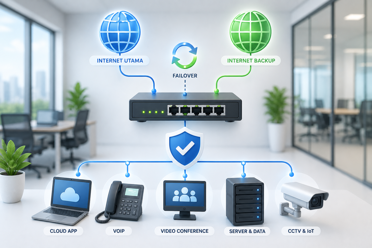 Ilustrasi sistem backup internet kantor menggunakan Backup Dual WAN